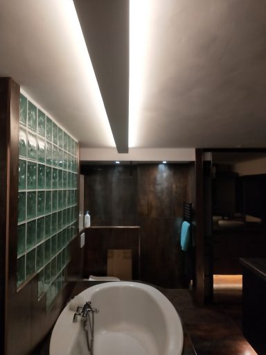 Salle de bain moderne avec baignoire, murs en verre et éclairage doux.